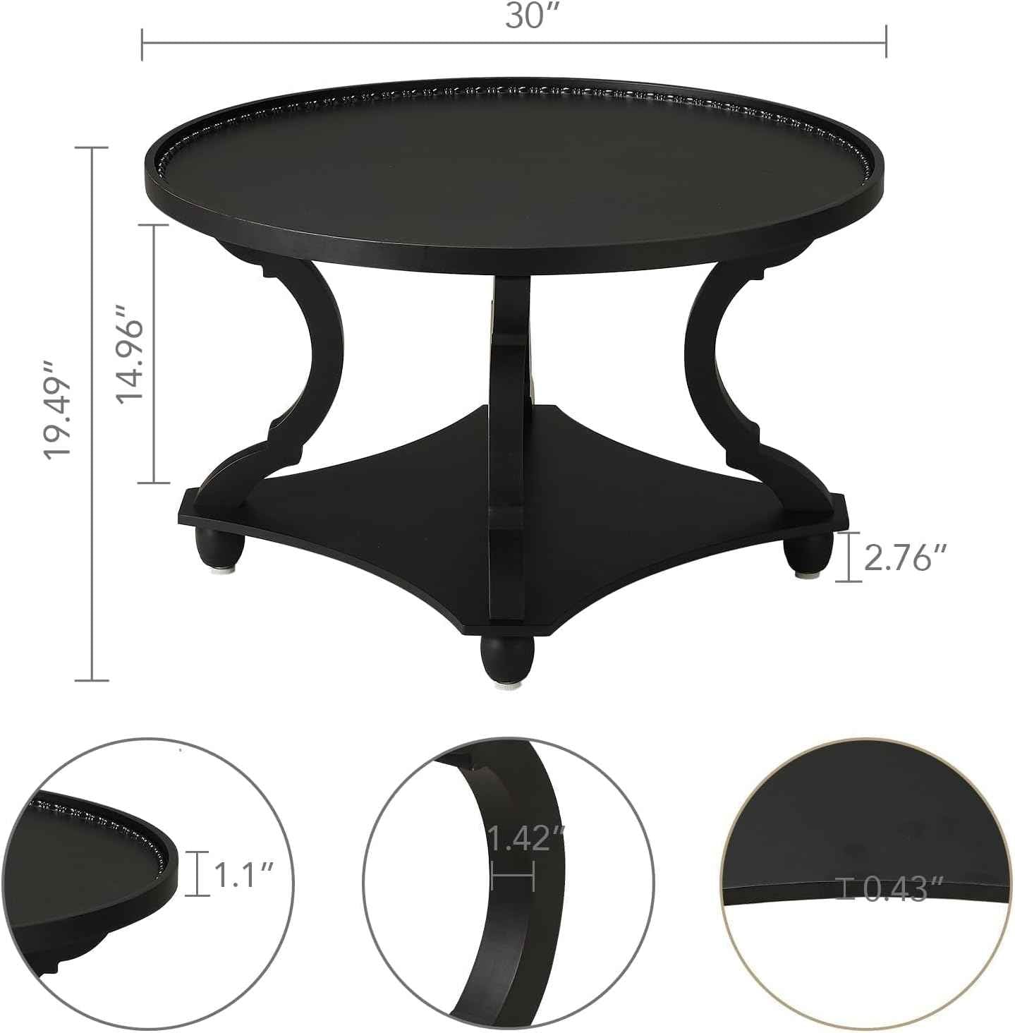 Wnutrees Farmhouse Round Coffee Table, Wood Tray Top Circle Coffee Table with Storage Shelf Rustic Style for Living Room and Vintage Finish, Black
