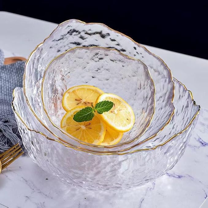 Glass Salad Bowl Irregular Lotus Flower Shape Serving Bowls, Mixing Nut Bowls for Kitchen Fruist, Snack, Dessert, and Ice Cream Candy Dishes (Crystal Clear with Gold Rim, Set of 3 (7.6", 6.5", 4.9" ))
