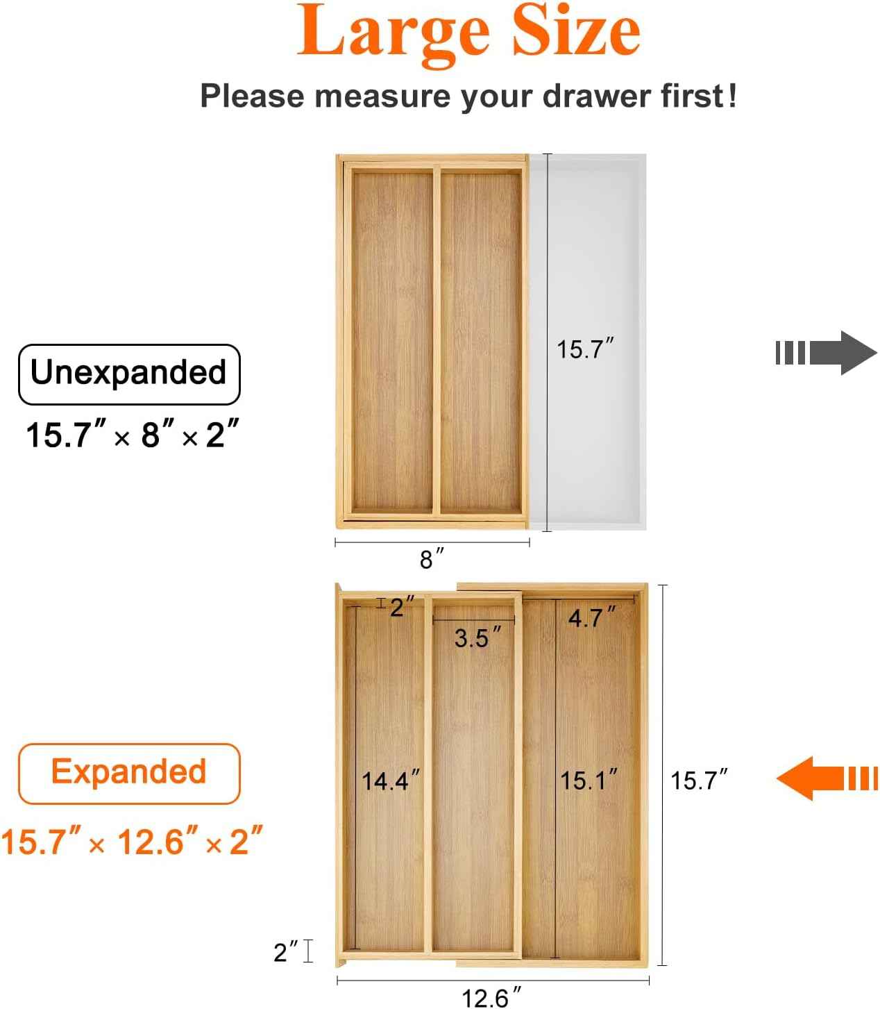Large Bamboo Silverware Drawer Organizer Tray Kitchen Tool Drawer Divider Organizers Storage Expandable Cooking Utensil Organizer Wooden Cutlery Tray Spoon Flatware Organizers Utensil Holder Drawers