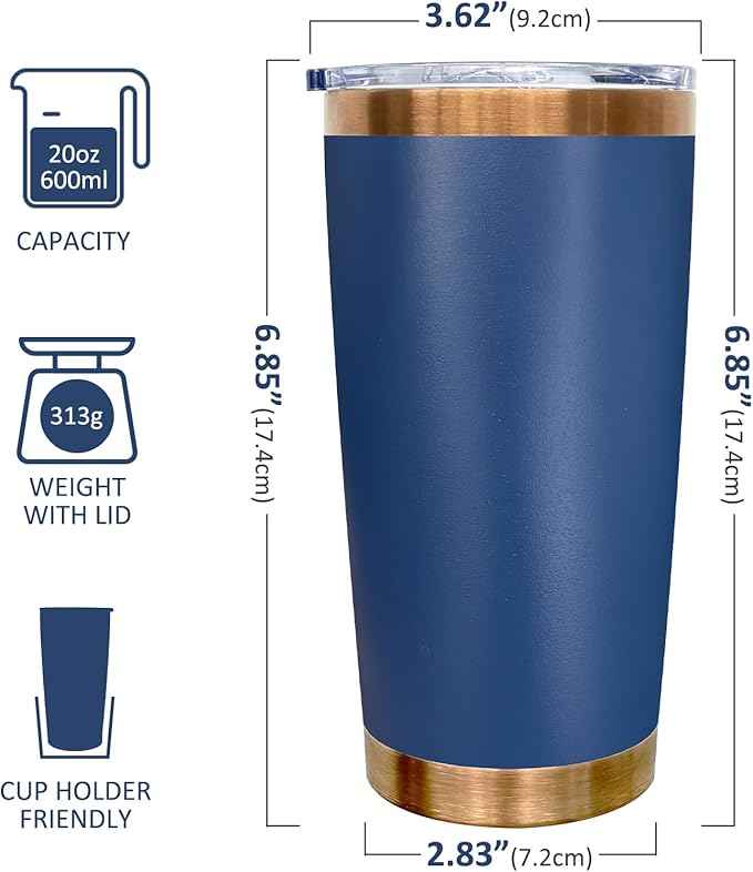 20 oz Tumblers Stainless Steel Tumbler with Lid and Straw Insulated Copper Coffee Mug for Laser Graving 29oz Powder Coated Cup(Navy,1 pack)