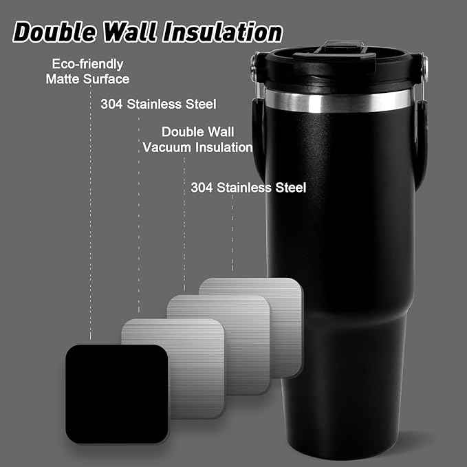 CHLJAR 30 oz Tumbler with Handle and Straw Lid, Double Walled Vacuum Insulated Water Bottle Leakproof Tumbler Travel Coffee Mug Thermal Cup, Cupholder Friendly for Office, Home, Sport, Black