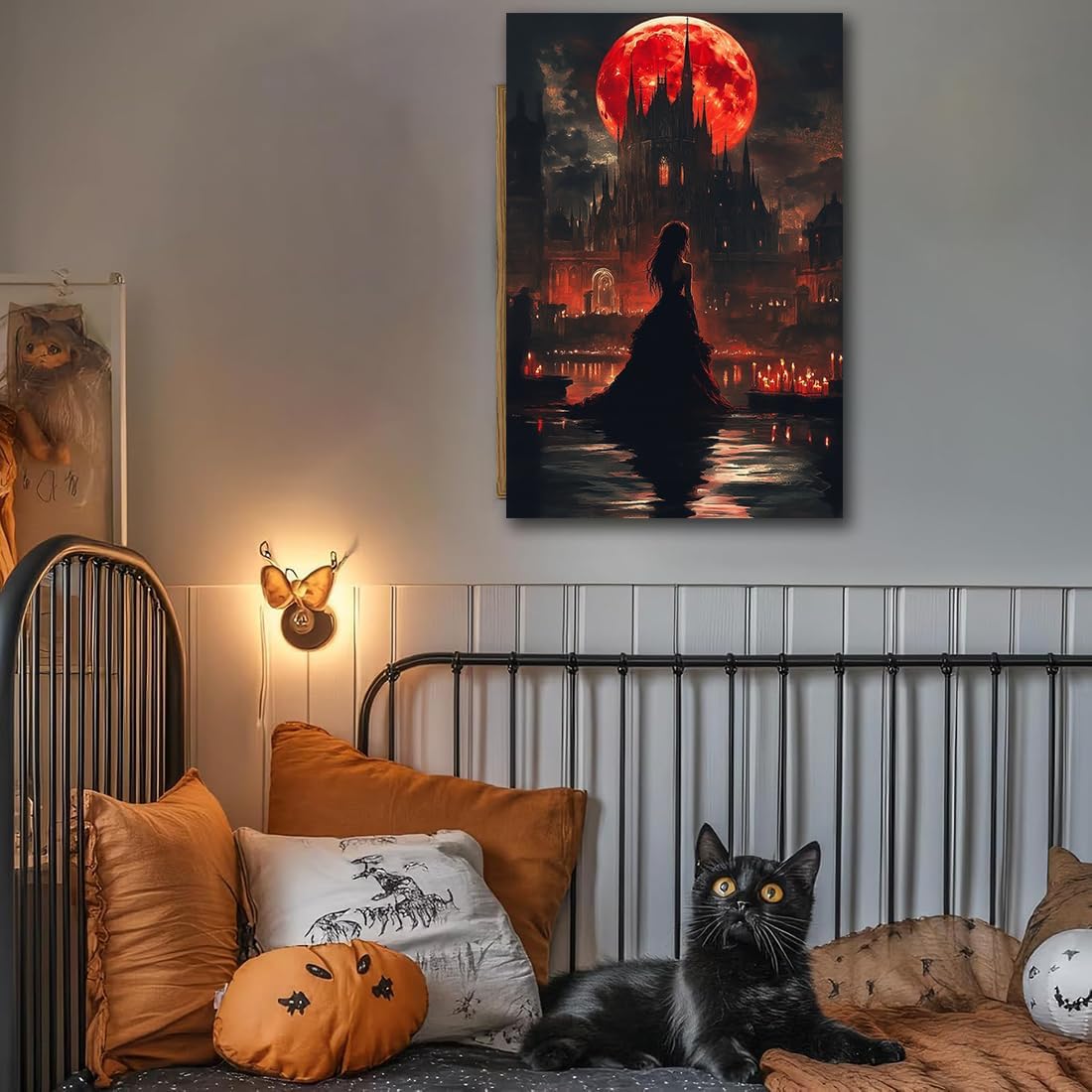 Halloween Witch Poster Canvas Prints Art Vintage Decor,Red Castle Blood Moon and Witch Scene Gothic Painting,Rustic Dark Academia Wall Art for Bathroom Spooky Living Room Wall Decor,8"x12" Framed