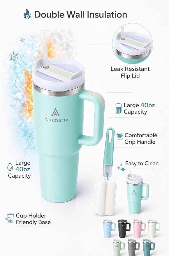 40oz Stainless Steel Vacuum Insulated Tumbler with Handle and Straw, Large Capacity Insulated Cup (Light Green)