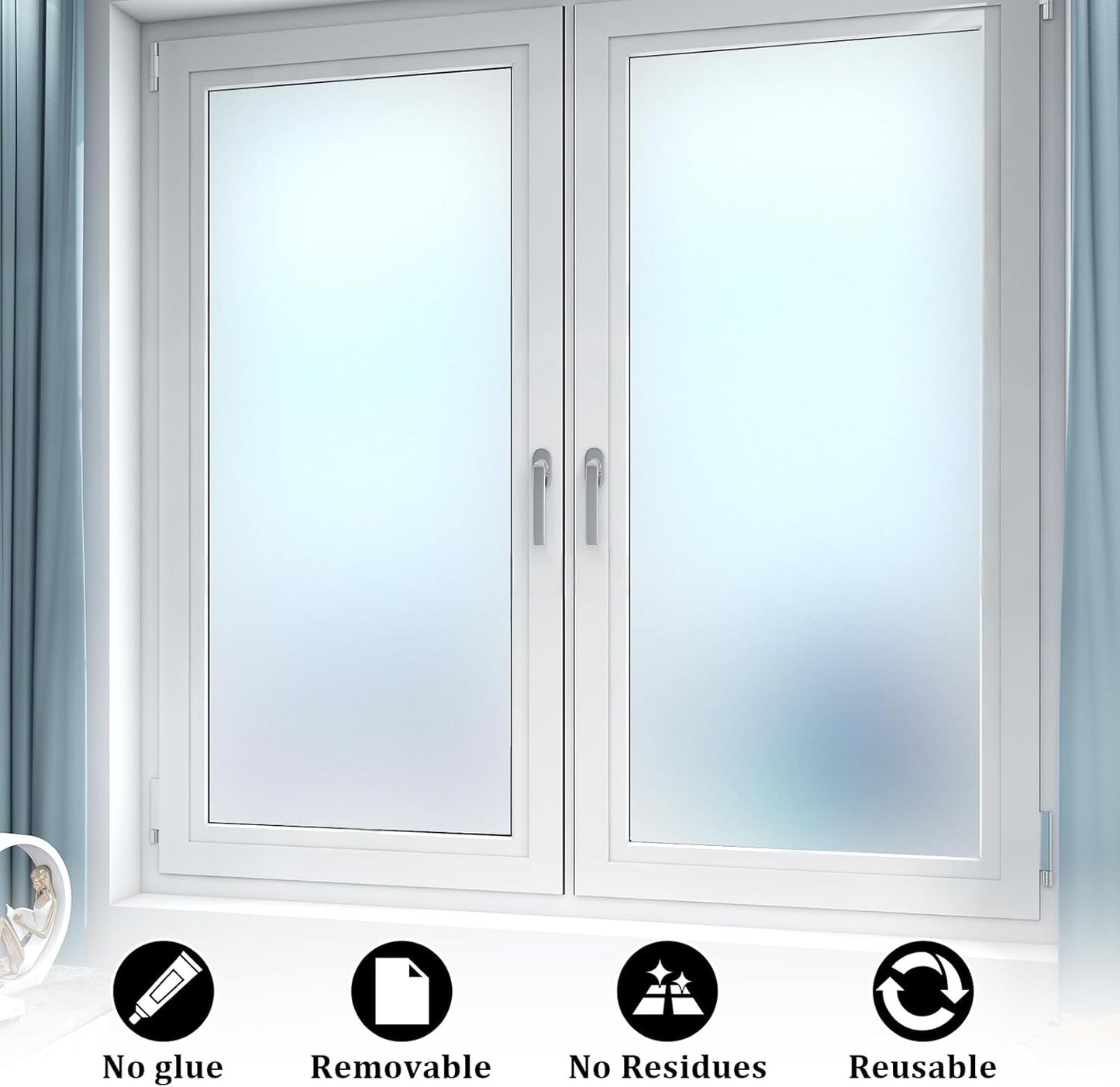 Window Privacy Film, Frosted Glass Static Cling Non-Adhesive Window Cover for Bathroom UV Sunlight Blocking Heat Control for Home Decorative Frosting Pure Matte White Size35.4 x 118.1 Inches