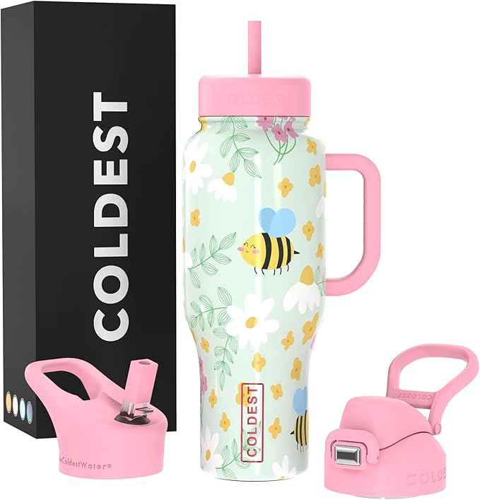 Coldest Tumbler with Handle and Straw, 100% Leak Proof Insulated Tumbler with Lid and Straw (3 Lids), Stainless Steel Tumblers for Women & Men, Cup Holder Friendly Base, 46 oz (Stung by a bee)