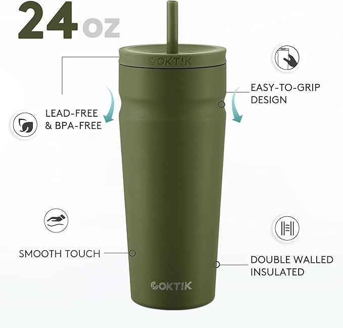 COKTIK 24oz Insulated Tumbler with Lid and Straw Iced Coffee Cup Reusable Stainless Steel Travel Mug Water Bottle Cupholder Friendly for Women Men Her Him (Olive)