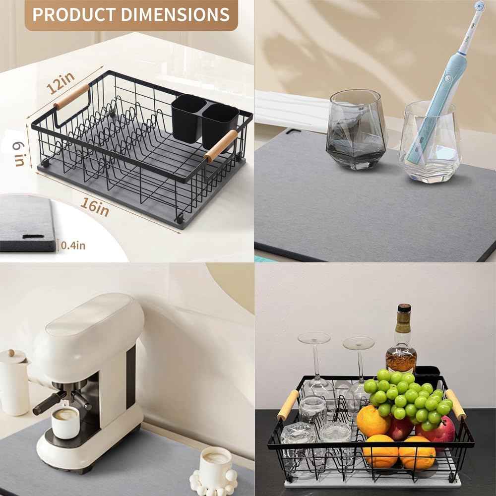 Dish Drying Rack with Stone Dish Drying Mat for Kitchen Counter, Dish Drainer with Diatomaceous Earth Quick Dry Mat, Organization and Storage Essentials with Cup & Cutlery Holders