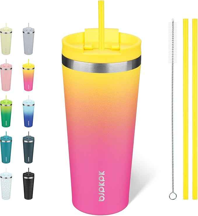 BJPKPK 22oz Stainless Steel Insulated Tumbler With lid And Straw Travel Coffee Thermal Tumblers Cup For Women And Men,Pink Yellow Rose