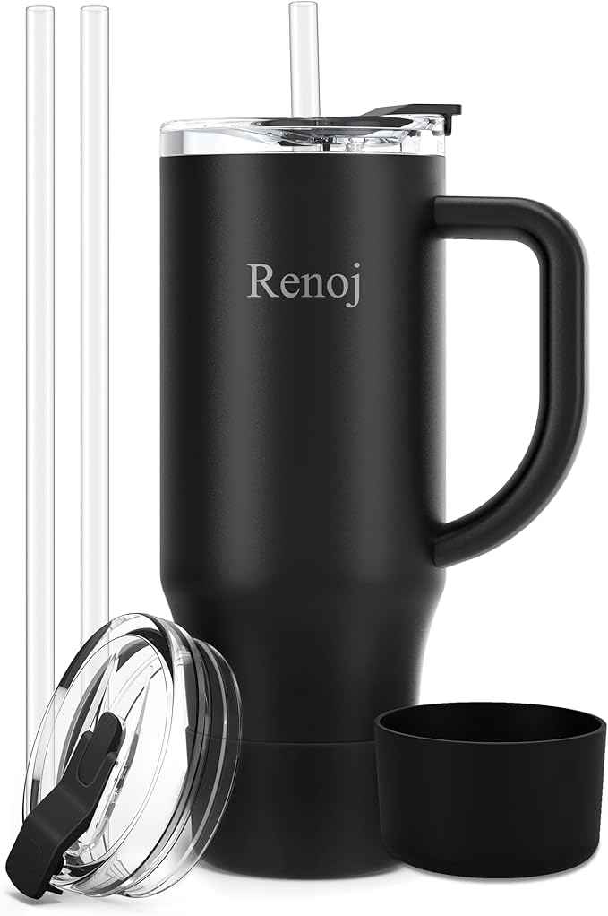 Renoj Insulated Mug 100% Leak Proof Insulated Water Bottle for Iced Coffee & Hot Drinks - Fits Car Cup Holder, Ideal Gift, 2 Straws & Silicone Boot - SnapShift Black 40 oz