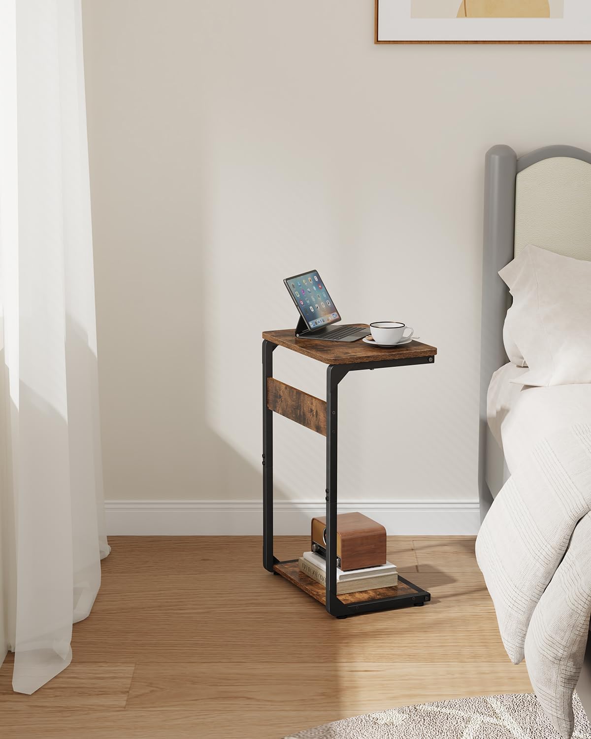 Wood Pedestal Sofa Side Tables Set of 2 Small Nightstand C Shaped End Table TV Trays on Couch Stands TV Tray Tables Slide Under Night Stand Over Bed Living Room Bedroom Bedside Rustic Brown ET-YB-BRW2