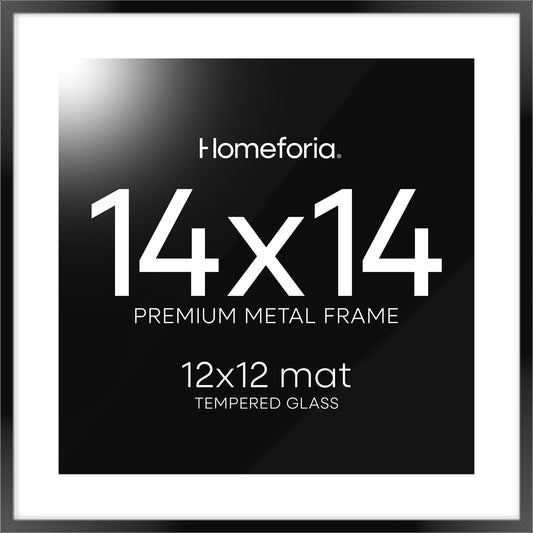 Homeforia 14x14 Picture Frame Black, High End Metal 14 x 14 Square Poster Frames with Mat 12 x 12 Photo, 14x14 Black Frame Matted to 12x12 Print, 14by14 Thin Frames, Tempered Glass, Wall Kit, Set of 1