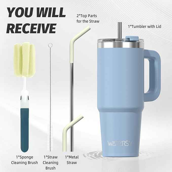 30 oz Tumbler with Handle,Tumbler with Lid and Straw,Double Wall Insulated Cup Stainless Steel Travel Mug(Cold for 34 Hours),Water Bottle for Iced Tea,Coffee,Cold Beverages(Smog Blue)