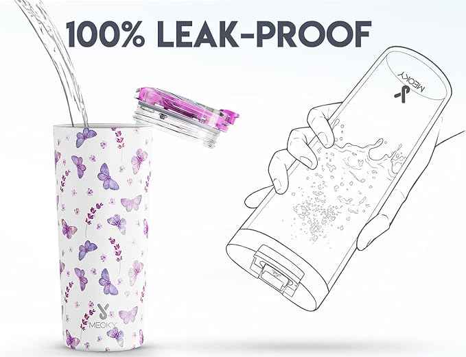 Meoky 24 oz Travel Coffee Mug with Leak-proof Lid, Stainless Steel Insulated Coffee Tumbler, Keeps Hot for 8 Hours or Cold for 24 Hours, Fits in Car Cup Holder (Lavender Butterfly)