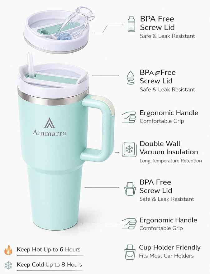 40oz Stainless Steel Vacuum Insulated Tumbler with Handle and Straw, Large Capacity Insulated Cup (Light Green)