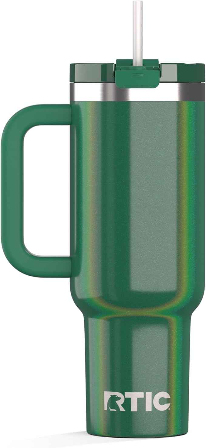 RTIC 40 oz Road Trip Tumbler Double-Walled Cermaic Lined Insulated Stainless Steel Portable Travel Coffee Mug Cup with Lid, Handle and Straw, Pine Tree Glitter