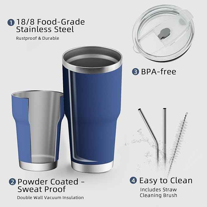GGQ 30oz Insulated Tumbler with Handle Food-Grade 304 Stainless Steel with Lid,Straw and Cleaning Brush,Double Wall Cup for Hot & Cold Beverages,Leak-Proof Sweat-Proof Travel Coffee Cup (Silver)