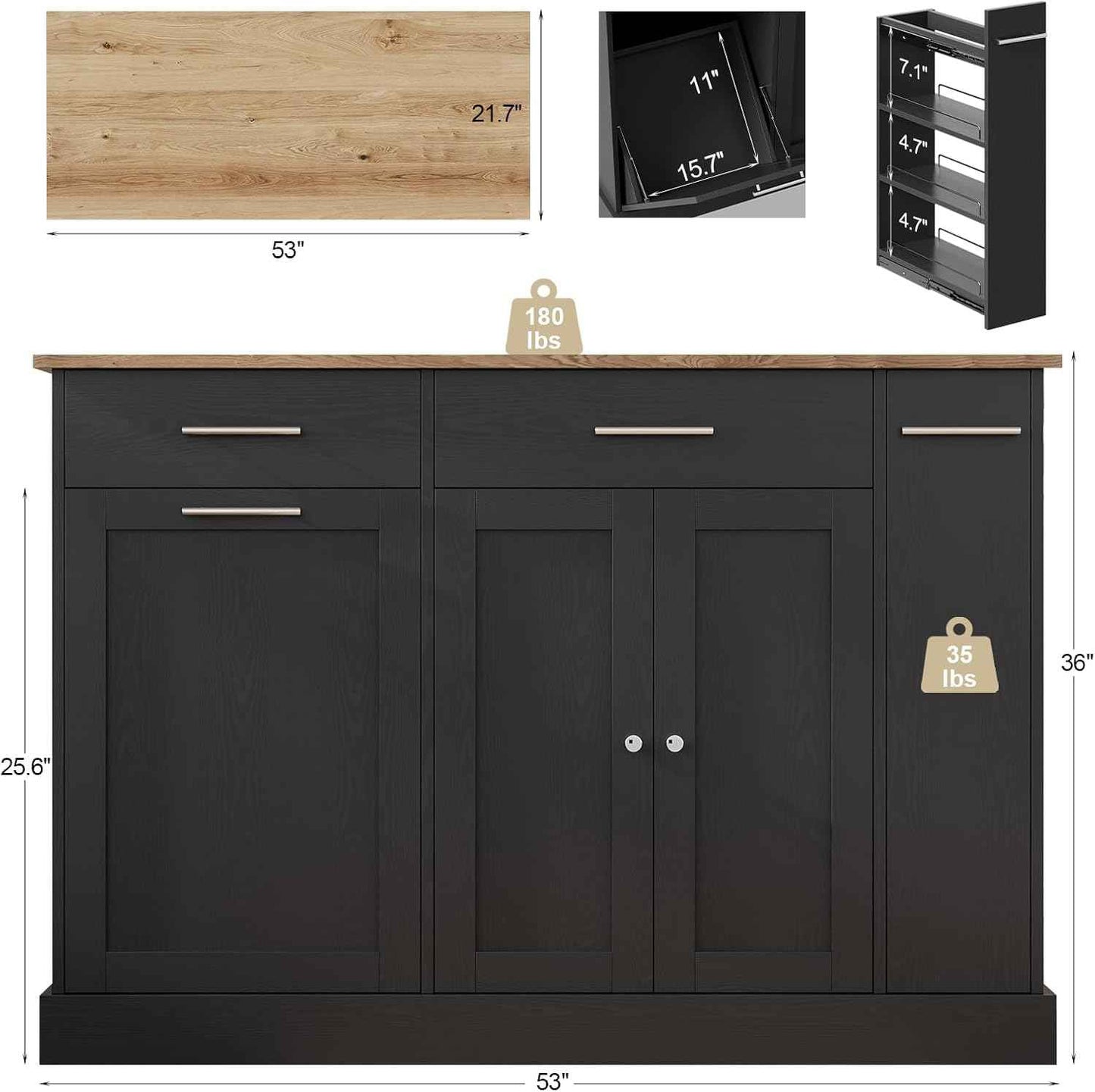 4 EVER WINNER Kitchen Island with Trash Can, 53" Rolling Kitchen Island with Storage and 3-Large Spice Racks, Portable Kitchen Island with Adjustable Shelves, Black