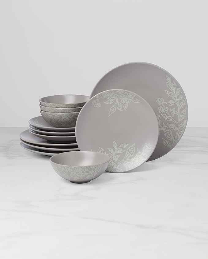 Oneida 897506 Roseto 12-Piece Dinnerware Set, Pumice, Grey