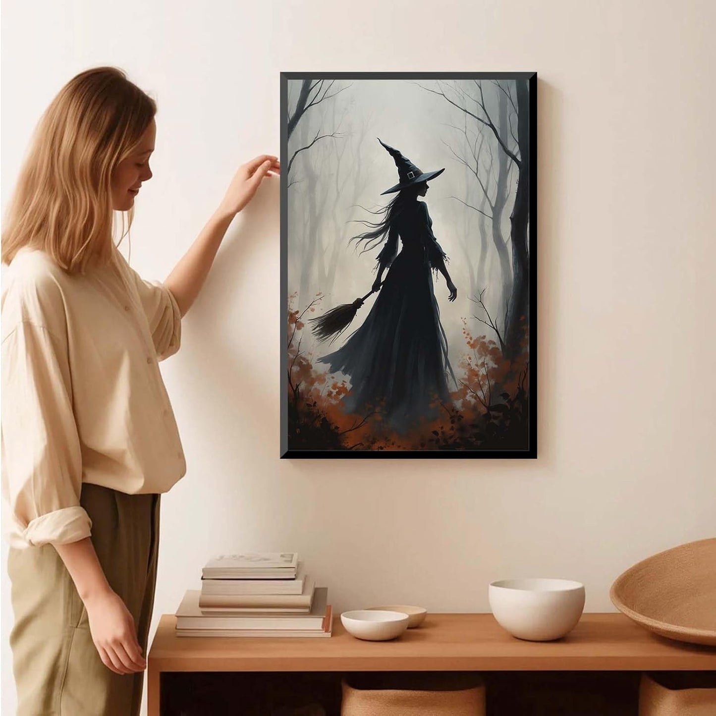 JFHCQJPK Vintage forest witch silhouette poster Halloween mural poster decoration mural art magic suitable for home living room bedroom8x12in Metal blackFramed