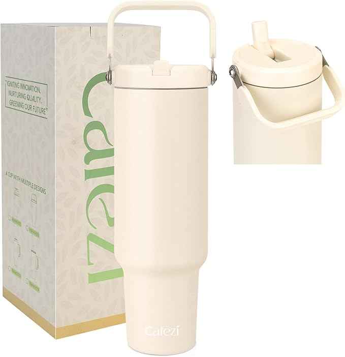 50oz Insulated Tumblers, Stainless Steel Water Bottles with Flip Straw and Top Handle, Leak Proof, No Sweat, Fits in Cup Holder, Vacuum Insulated Cup for Home, Office, Outdoors, Car