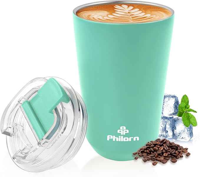 PHILORN Coffee Mug 12 OZ Tumbler, Green Travel Coffee Mug with Lid, Coffee Thermos for Hot & Cold Drinks, Insulated Stainless Steel Travel Coffee Cup with Double Wall