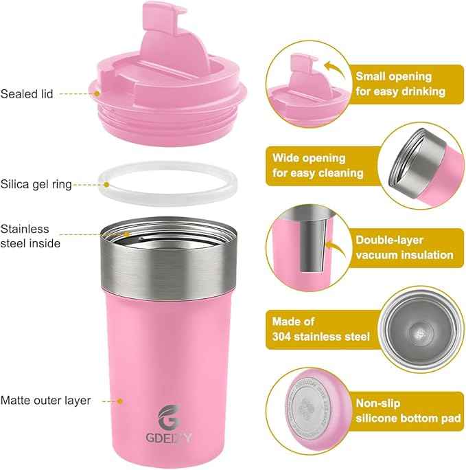 17oz Double Wall Stainless Steel Vacuum Insulated Travel Mug, Spill-Proof & Leak-Proof Coffee Mug, BPA-Free Reusable Coffee Cup for Hot & Cold Drinks, Black (Pink)