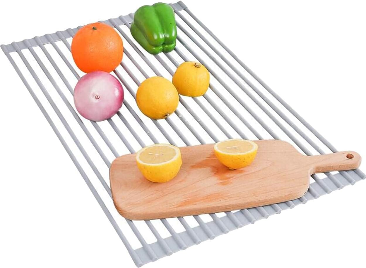 Ahyuan Large Roll up Dish Drying Rack Silicone Foldable Rack Over Sink Dishes Drainer Roll-up Sink Drying Racks Full Silicone Coated Stainless Still Dish Drying Rack (Warm Grey, 17.7''X13.13'')