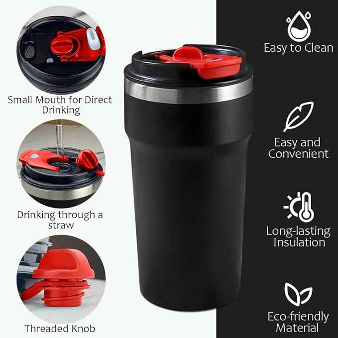 SPLMIFA Travel Coffee Mugs Leak-Proof, Reusable Coffee Cups with Lids, Stainless Steel Vacuum Insulated Coffee Tumblers, Thermal Insulation Cups for Men and Women Hot & Cold Drinks(4th-Black, 16OZ)