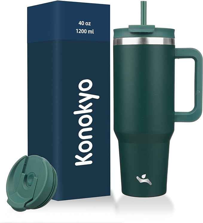 Konokyo 40 oz Tumbler with Handle and 2 Straws,2 in 1 Lid Insulated Water Bottle Stainless Steel Travel Coffee Mug,Dark Green