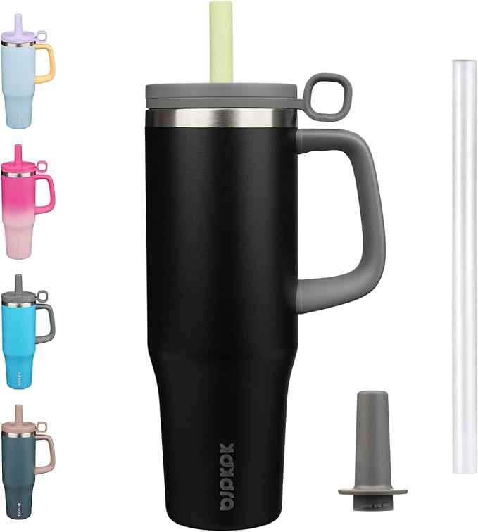 BJPKPK Insualted Tumblers with Handle and Straw 40oz Stianless Steel Travel Coffee Mug Thermal Cups with Lid,Black