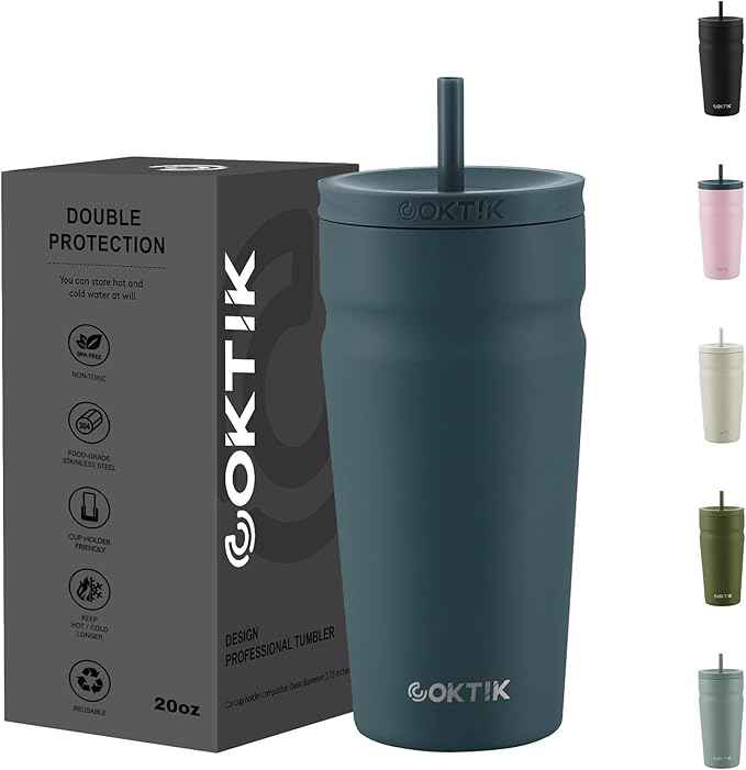 COKTIK 20oz Insulated Tumbler with Lid and Straw Iced Coffee Cup Reusable Stainless Steel Travel Mug Water Bottle Cupholder Friendly for Women Men Her Him (Twilight Fog)