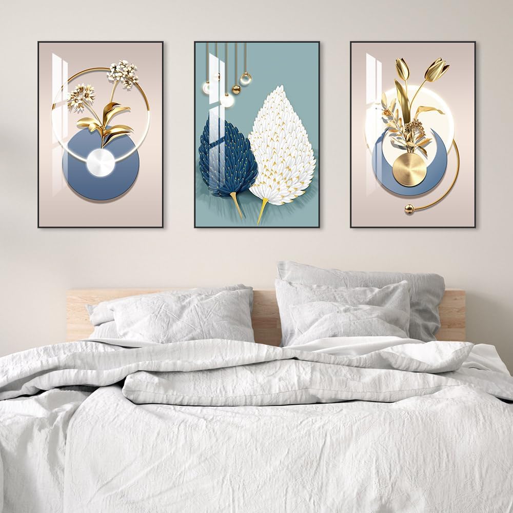 MPLONG Abstract Modern Minimalist Natural Framed Decorative Painting Bright style Wall Art Set of 3Wall Decor for Living Room, Bedroom, Dining Room, Office, etc. (Blue, 16 "X 24" X 3 pieces)