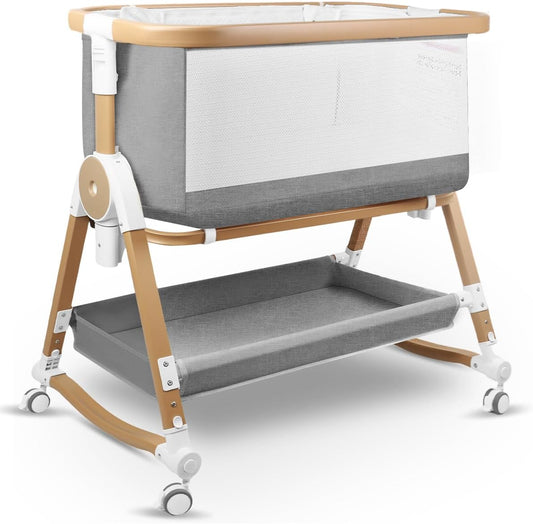 4 in 1 Baby Bassinet, Bassinets Bedside Sleeper with Wheels and Storage Basket, Adjustable 7 Heights Bedside Sleeper with Mosquito Net, Breathable Mesh Rocking Bassinet for Baby (Grey)