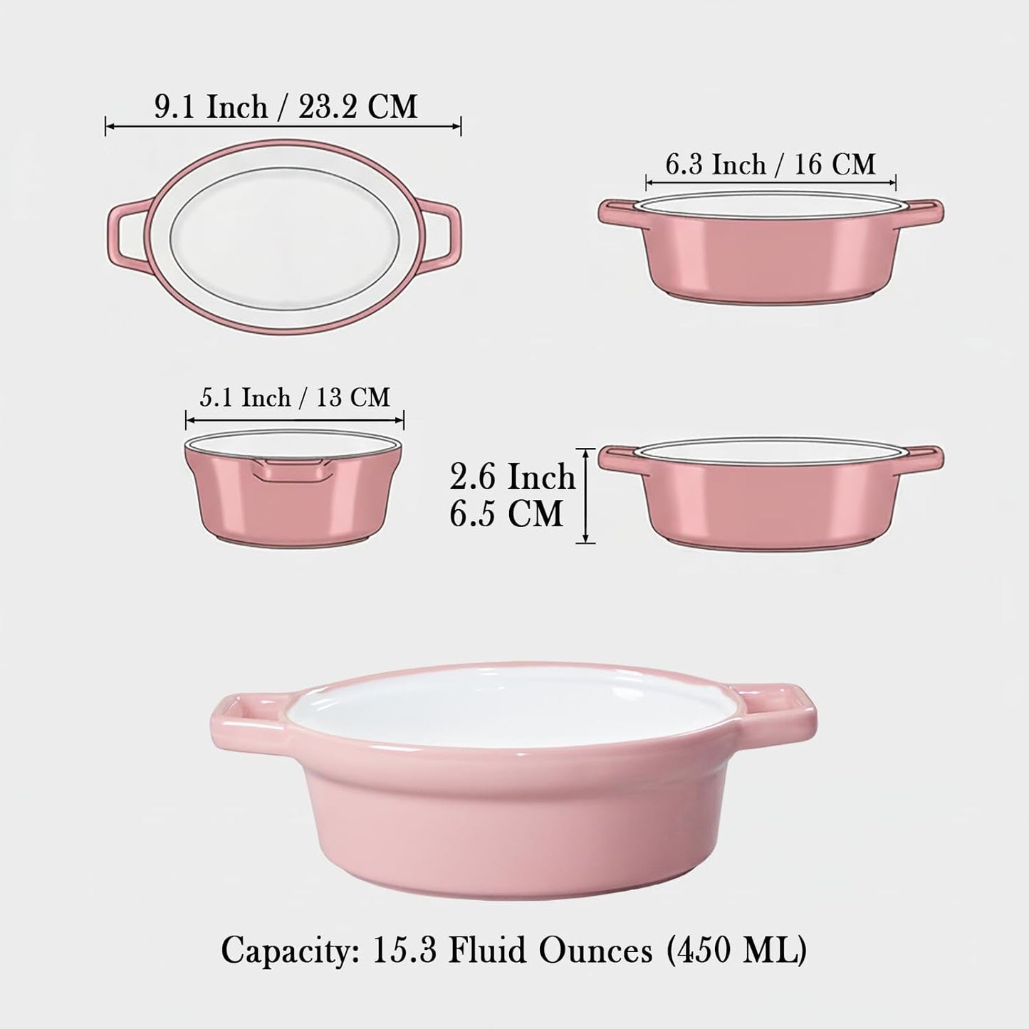 Oval Au Gratin Baking Dishes 6" x 5" for Oven Safe Cooking and Baking, Set of 4, 15 OZ Heat Resistant Ceramic Individual Gratin with Handles for Serving, Small Mini Casserole Dish, Pink