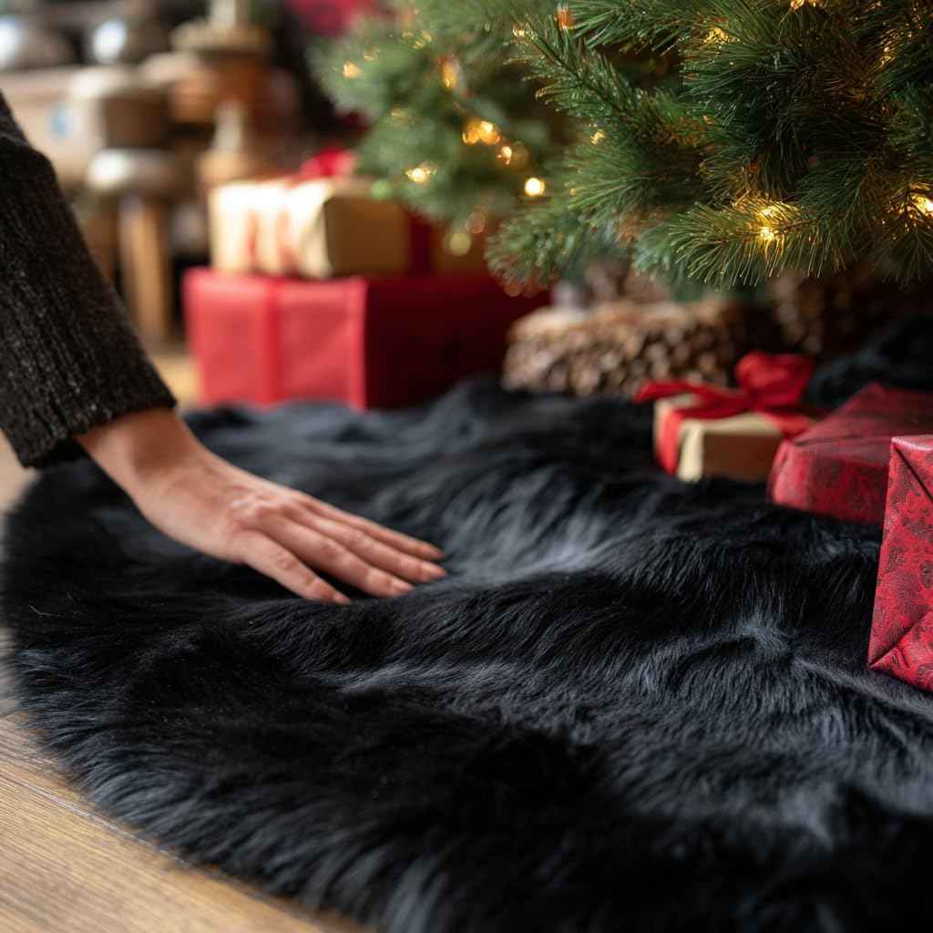 AOGU 24 Inch Faux Fur Christmas Tree Skirt Black Plush Skirt for Merry Christmas Party Christmas Tree Decoration