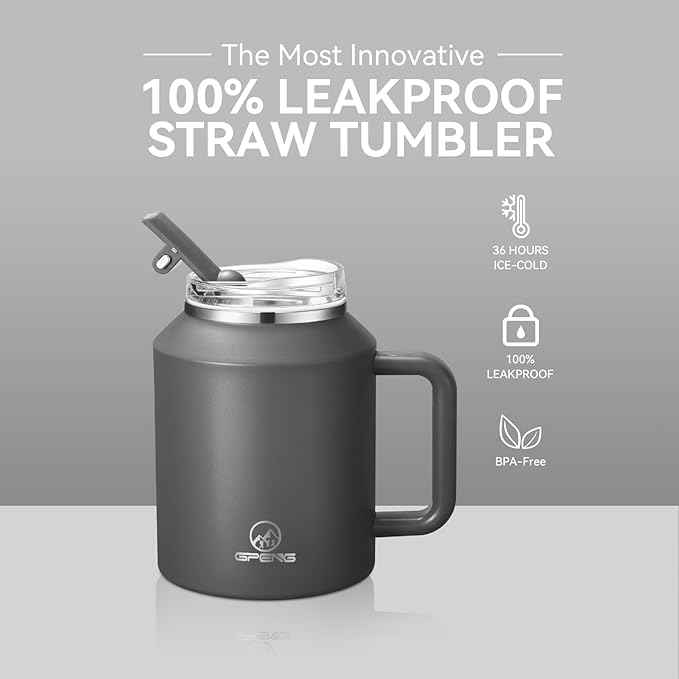 Gpeng 30/40/50 oz Tumbler with Handle, Water Bottles with Straw Lid, Insulated Stainless Steel Travel Mug Cup Holder Friendly, Keep Drinks Cold or Hot for Hours (LightGrey, 50 oz)