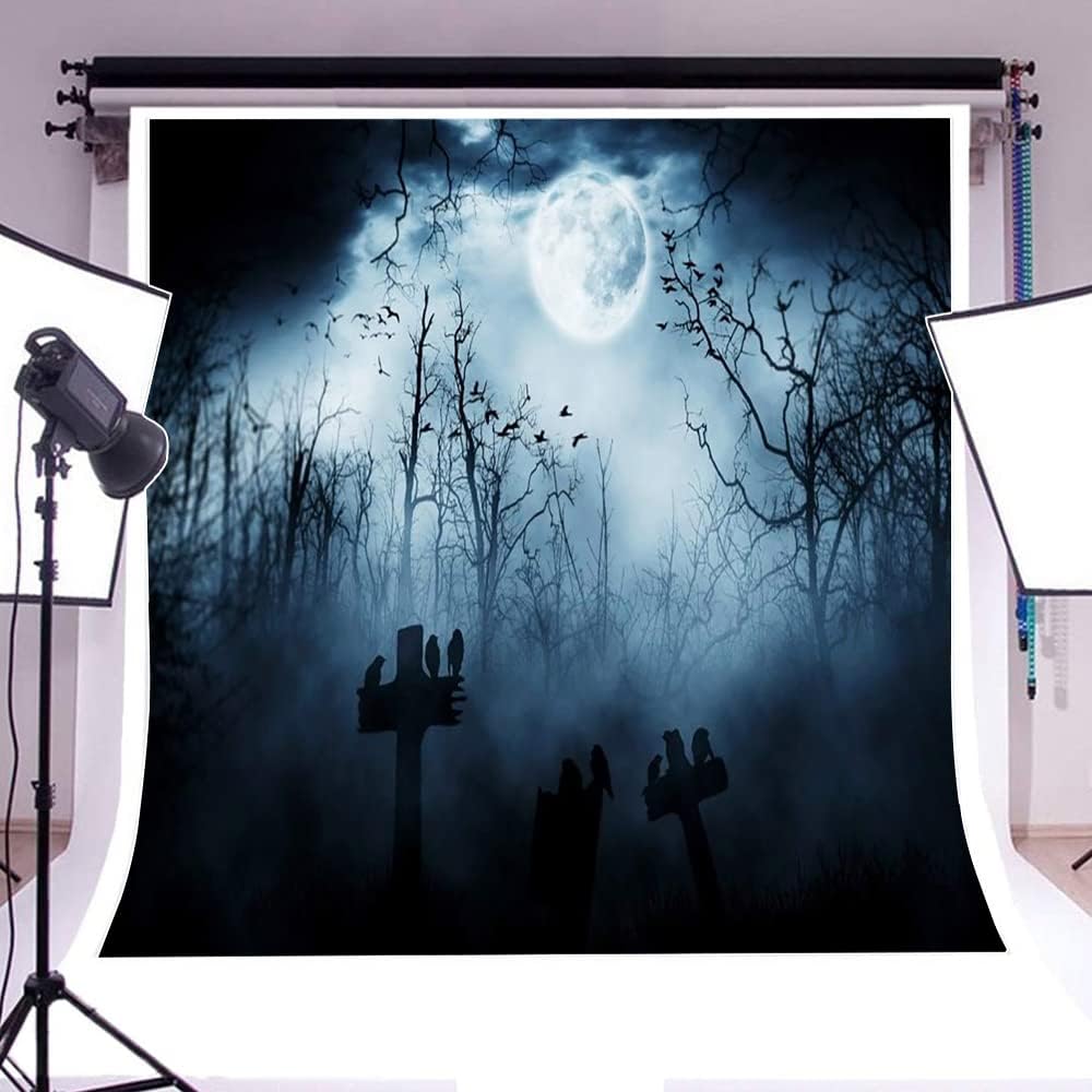 AOFOTO 10x10ft Moon Night Halloween Cemetery Photography Backdrop Flying Bats Birds Stand on Gravestone Cross Graveyard in Dark Forest Photo Background Cloth Vinyl Wallpaper Photo Studio Props