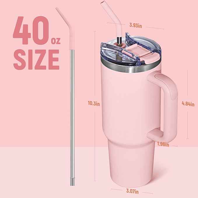 COKTIK 40 oz Tumbler With Handle and Straw, Insulated Tumbler With Leakproof Lids, Stainless Steel|BPA-Free, Cold for 24 H (Blush)