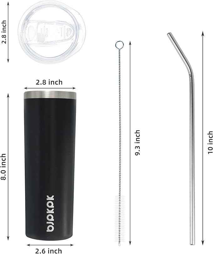 BJPKPK Black Skinny Stainless Steel Tumblers 20 oz Slim Insulated Reusable Coffee Travel Water Tumbler Cup With Lid