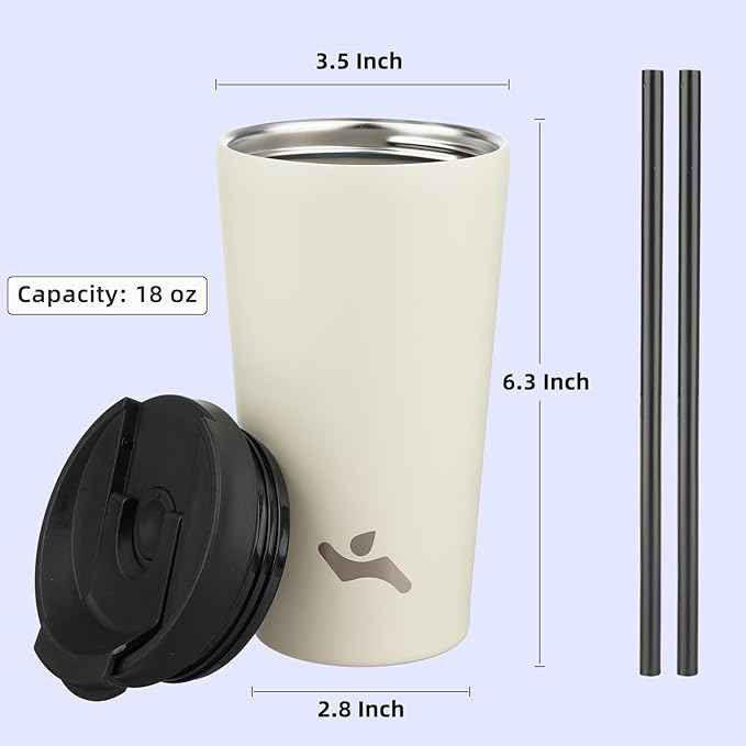 Konokyo 18 OZ Insulated Tumbler with Lid and 2 Straws Stainless Steel Water Bottle Vacuum Travel Mug Coffee Cup,Angel White