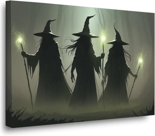 Vintage 3 witches canvas wall decor melancholy dark Halloween poster wall decor holding a staff print Gothic horror Halloween painting print for living room bedroom16x24in Wood Framed