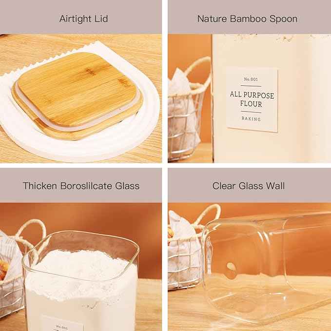 2 Pack large Square Glass Flour and Sugar Containers with 132 Kitchen Pantry Labels - 110 floz & 51 floz - Glass Jars with Airtight Bamboo Lid - Glass Rice Canisters for Coffee, Pasta, Cookie, Cereal