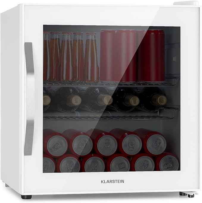 Klarstein Mini Fridge with Glass Door for Room, Beverage Refrigerator Small with Adjustable Shelves, 47 Litres, Indoor / Outdoor Refrigerator Silent