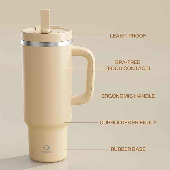 ENCOOL 40 oz Tumbler with Handle and Straw: Stainless Steel Insulated Tumbler Keeps Cold for 24 Hours, Leakproof Travel Cup Fits in Cup Holder and BPA-Free, Indian Khaki
