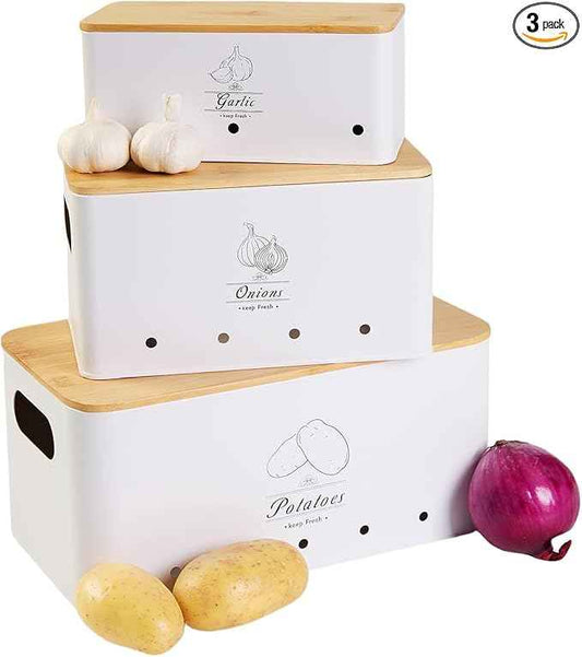 3 Pack Metal Vegetable Storage,Potato Onion Garlic Storage Set,Kitchen Canisters Vegetable Keeper,Stackable Pantry Organizers with Ventilation Holes and Bamboo Lids(WHITE)