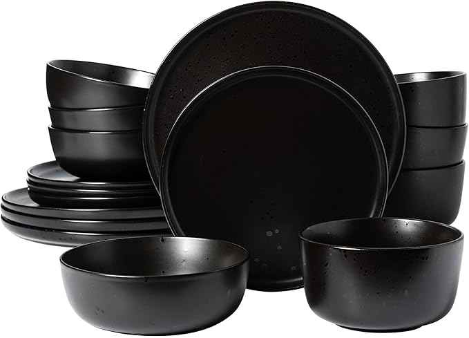Gibson Elite James Street Stoneware Matte Reactive Double Bowl Dinnerware Set - Pepper Black, Service for 4 (16pcs)