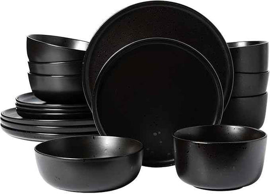 Gibson Elite James Street Stoneware Matte Reactive Double Bowl Dinnerware Set - Pepper Black, Service for 4 (16pcs)