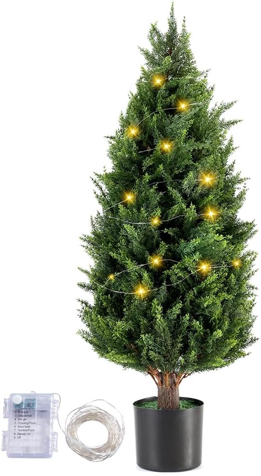 3FT Artificial Cedar Topiary Trees Set of 2, UV Resistant Lifelike Fake Evergreen Pine Potted Shrubs Plants Outdoor, Realistic Faux Cypress Bushes for Front Porch Indoor Home Garden Christmas Decor