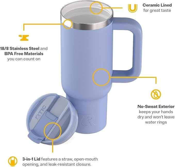 RTIC 30 oz Road Trip Tumbler Double-Walled Ceramic Lined InsulatedStainless Steel Portable Travel Coffee Mug Cup with Lid, Handle and Straw, Periwinkle