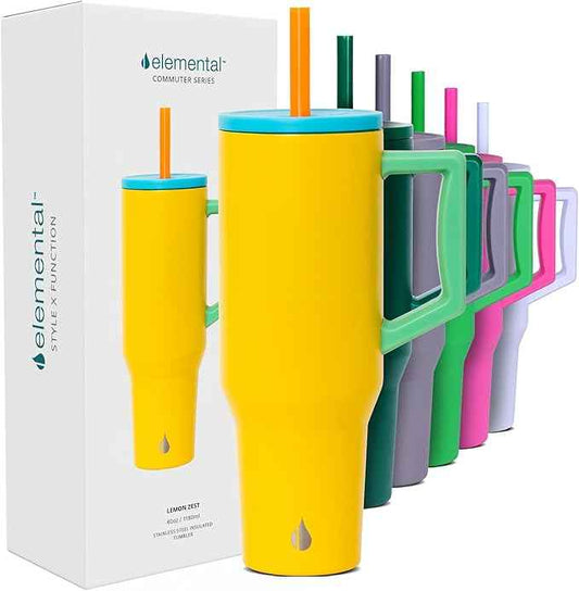 Elemental 40 oz Tumbler with Handle and Straw - Spill Proof Insulated Stainless Steel Commuter for Cold Beverages - Travel Coffee Mug with 2 Straws & Spill Proof Lid - 40oz - Lemon Zest